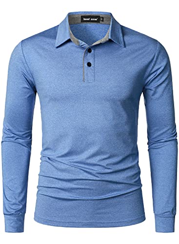 HOOD CREW Men’s Long Sleeve Polo Shirts Quick Dry Breathable Athletic Golf T Shirt Blue M