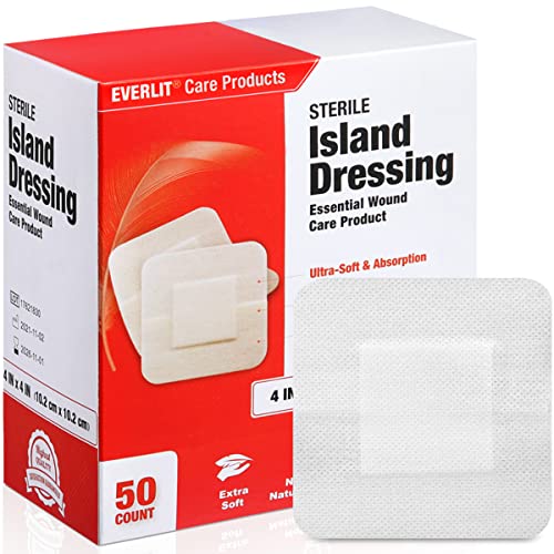 EVERLIT Island Dressing Bordered Gauze | Large Wound Care Bandage with Adhesive Border| Sterile, Soft & Highly Absorbent Medical Grade Dressing Pad (4×4 Inch (Pack of 50))