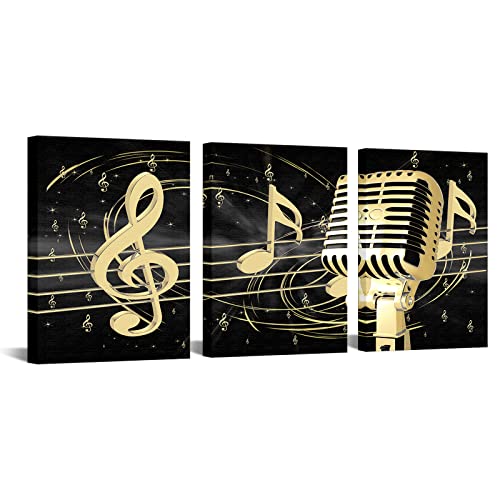 Artmyharbor 3 Piece Music Canvas Wall Art Black Gold Microphone and Musical Note Picture Paintings Giclee Print Modern Home Studio Bedroom Living Room Decor Stretched Ready to Hang