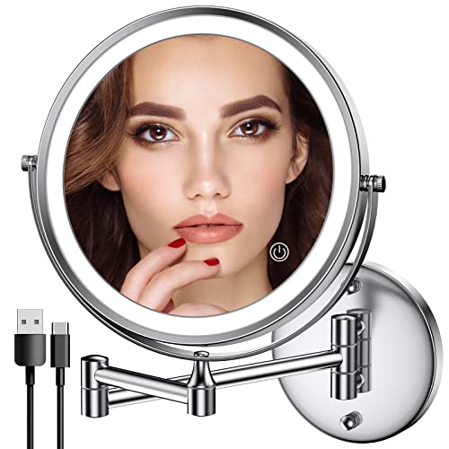 Rocollos Rechargeable Wall Mounted Lighted Makeup Mirror Chrome, 8 Inch Double-Sided LED Vanity Mirror 1X/10X Magnification,3 Color Lights Touch Screen Dimmable 360°Swivel 13 Inch Extendable