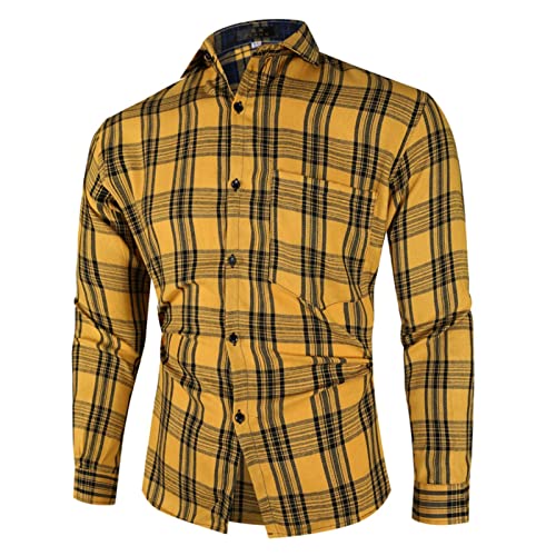 Mens Flannel Shirts Long Sleeve,Men’s Fall Color Block Plaid Flannel Shacket Jacket Button Down Shirt Coat Tops Yellow Plaid Jacket
