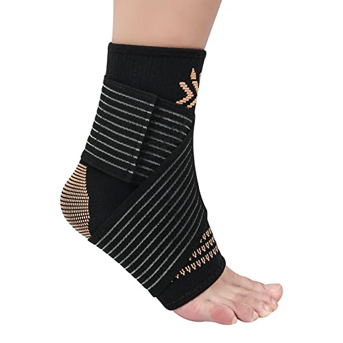 Copper Ankle Brace Compression Sleeve Support for Women & Men – Adjustable Strap for Arch Support – Plantar Fasciitis Brace for Sprained Ankle, Achilles Tendonitis Pain, Injury Recovery, Running