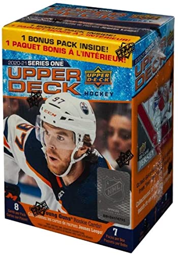 2020-21 NHL Upper Deck Hockey Series 1 Factory Sealed Blaster Box 56 Cards 7 Packs of 8 Cards per Pack. Look for Young Guns and Canvas cards of this great Rookie Class featuring Alexis Lafreniare Bonus 3 Cards of your favorite team if you message request