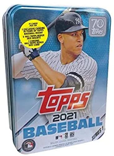 2021 Topps Series 1 Baseball Factory Sealed Aaron Judge Tin Box 75 Cards includes one Exclusive 70 Years of Topps Chrome Card. 5 1952 Redux Inserts, one 1952 Chrome Redux Card, Chase rookie cards of an Amazing Rookie Class such as Joe Adell, Alex Bohm, Ca