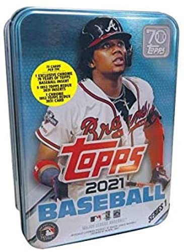 2021 Topps Series 1 Baseball Factory Sealed Ronald Acuna Jr (Atlanta Braves Player) Tin Box 75 Cards includes one Exclusive 70 Years of Topps Chrome Card. 5 1952 Redux Inserts, one 1952 Chrome Redux Card, Chase rookie cards of an Amazing Rookie Class such