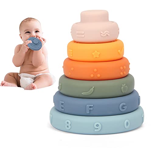 6PCS Baby Stacking Nesting Rings Toy,Soft Building Circle Squeeze Teether,Toddlers Sensory Early Educational Toy with Number,Shape,Fruits,Letters and Color Learning Toy for 6+ Months Boys or Girls