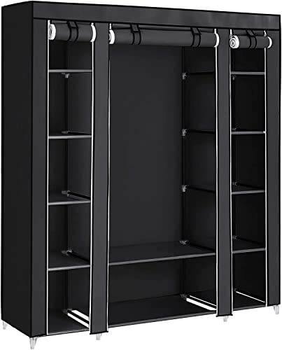 Cooskin Garment Rack Heavy Duty Clothes Rack Clothes Wardrobe Free standing Closet Organizer for Hanging Clothes, Non-Woven Fabric, Quick and Easy Assembly Black