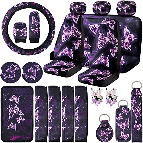 Frienda 22 Pieces Butterfly Car Seat Covers,Butterfly Car Accessories Set Steering Wheel Cover Center Console Armrest Pad Headrest Seat Belt Cover Handbrake Gear Cover Keychain for Cars SUV (Purple)