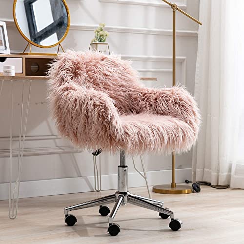 HomVent Fluffy Desk Chair Pink Faux Fur Vanity Chair Adjustable Swivel Computer Chair on Wheels Height Adjustable Cute Desk Chair for Makeup Room Teen Girls Bedroom Home Office (Pink)