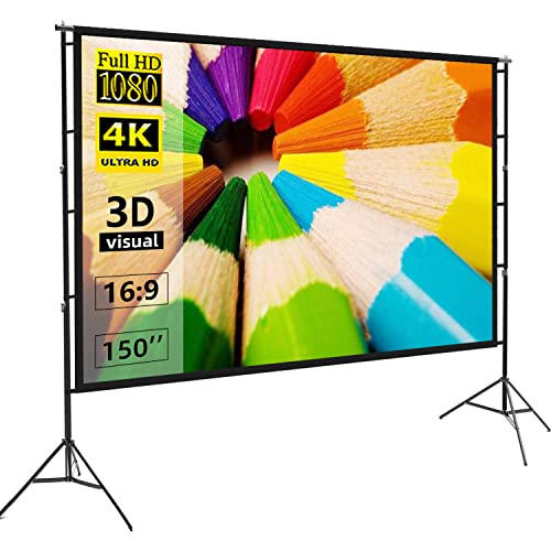 Projector Screen and Stand,Towond 150 inch Indoor Outdoor Projection Screen, Portable 16:9 4K HD Rear Front Movie Screen with Carry Bag Wrinkle-Free Design for Home Theater Backyard Cinema