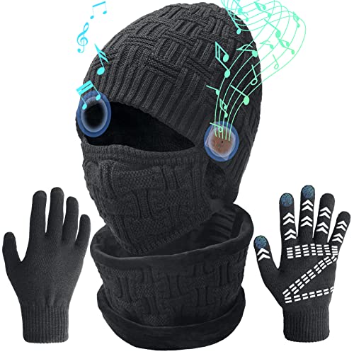Wireless Music Beanie Hat Set – Winter Hat Bluetooth Cap w/ Headphones + Anti-Slip Touchscreen Gloves +2 Layer Warmer Scarf + Knitted Mask, Birthday Christmas Tech Gifts for Teenager Men Women Gamer