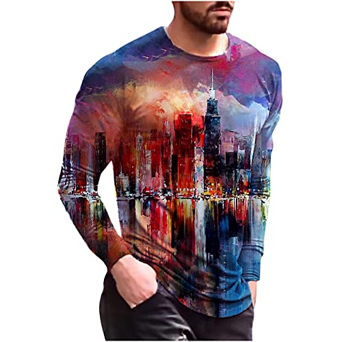 BADHUB Men Tie-dye Style T-Shirts Hipster Hip Hop Oversized Long Sleeve Tops Casual Colorful Graphic Tees Patterned Pullover Red