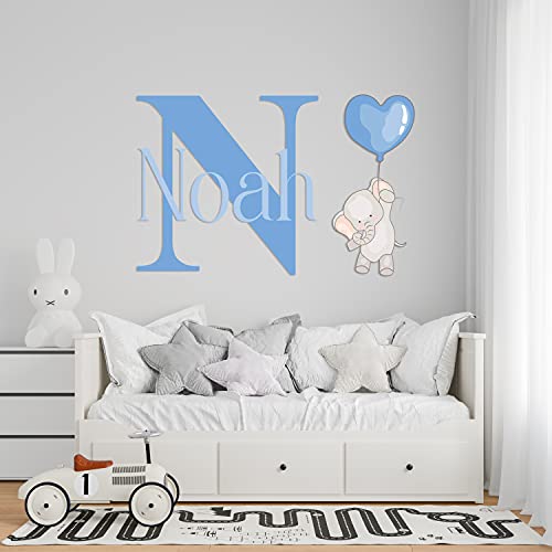 Multiple Font Cute Elephant Wall Stickers – Name & Initial – Prime Series – Baby Girl or Boy – Custom Name & Initial – Nursery Wall Decal for Baby Room Decorations – Mural Wall Decal Sticker