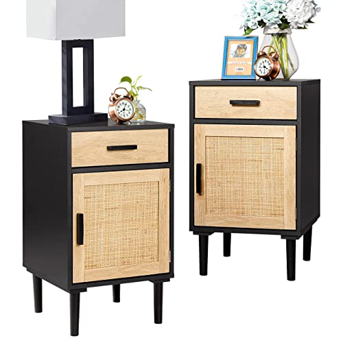 Finnhomy Tall Nightstand, End Table, Side Table with Drawer and Shelf, Hand Made Rattan Decorated Doors, Wood Accent Table with Storage for Bedroom, Black, 2 Pack