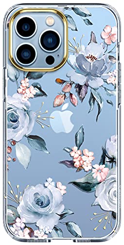 luolnh Compatible with iPhone 13 Pro Max Case with Flower,for Girly Women,Shockproof Clear Floral Pattern Hard Back Cover for iPhone 13 Pro Max 6.7 inch 2021-Blue