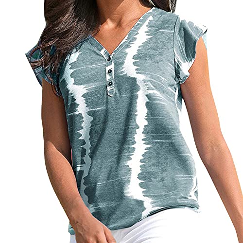 Women Summer Tops, Short Sleeve V Neck Button Loose Fit Blouses Shirts Casual Tie Dye Comfy Tunic to Wear with Legging