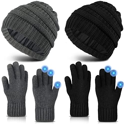 Winter Knit Beanie Hat Touchscreen Gloves Set, Soft Slouchy Skull Cap Gloves Set for Men Women Cycling Biking, 2 Sets