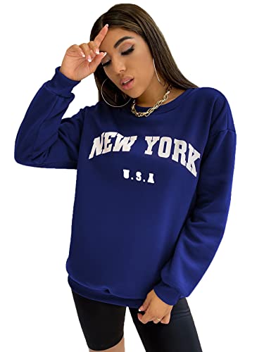 SheIn Women’s Casual Long Sleeve Round Neck Slogan Graphic Letter Print Pullover Sweatshirt Royal Blue M