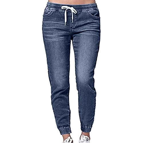 WUAI-Women WUAI Plus Size Jeans for Women Casual Elastic Waist Drawstring Jogger Sweatpant Straight Leg Skinny Denim Pants Jegging(Dark Blue,Large)