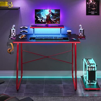 Bestier Gaming Desk with Led Light for Gamer, 51″ Computer Desk with Cup Stand for Home Office, Carbon Fiber Desk Working Station, Red | The Storepaperoomates Retail Market - Fast Affordable Shopping