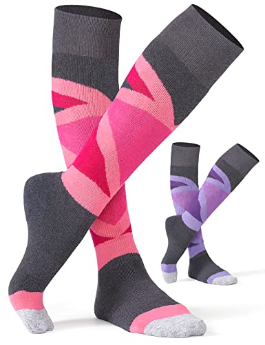 CS CELERSPORT 2 Pack Women’s Ski Socks with Full Cushion, Wool Winter Warm Socks for Skiing Snowboarding, Rose + Purple, Medium