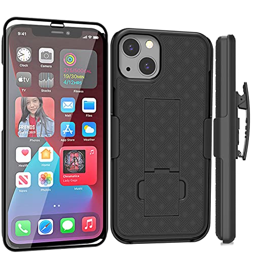 Ailiber Compatible with iPhone 13 Case, iPhone 13 Case Holster with Screen Protector, Swivel Belt Clip, Kickstand Holder, Slim Shockproof Shell Slide Pouch Phone Cover for iPhone 13 6.1 inch -Black