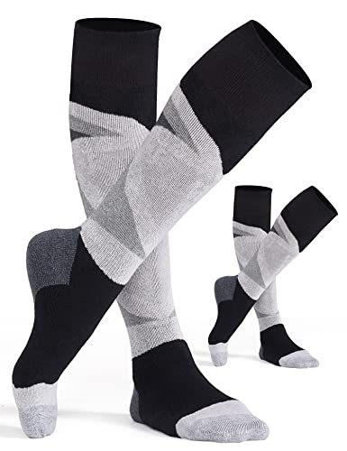 CS CELERSPORT 2 Pack Women’s Ski Socks with Full Cushion, Wool Winter Warm Socks for Skiing Snowboarding, Black + Light Grey, Small