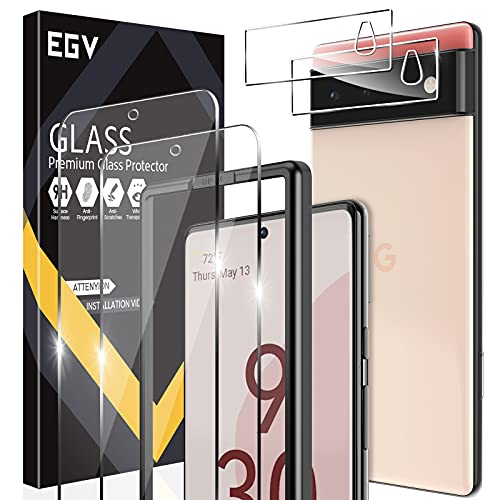[2+2 Pack] EGV Compatible with Google Pixel 6, 2 Pack Screen Protector Tempered Glass + 2 Pack Camera Lens Protector [Easy Installation] Fingerprint Unlock [Anti-Scratch] [No-Bubble] [Work with Case]
