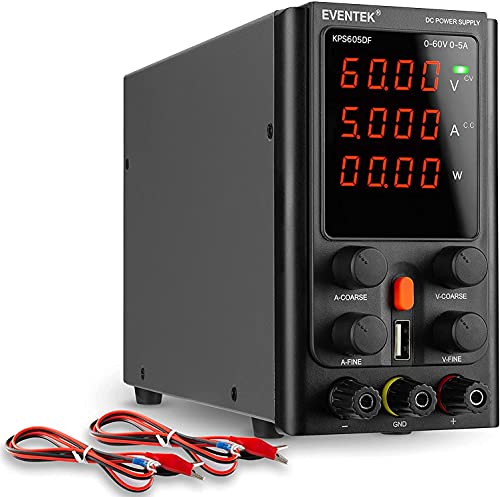 Eventek DC Power Supply Variable（60V 5A ） Adjustable Switching Regulated DC Bench Linear Power Supply, 4-Digits LED Power Display, 5V2A USB Output, Fine Adjustments with Alligator Leads US Power Cord