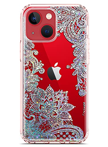 Coolwee Clear Glitter Compatible iPhone 13 Mini Case [Military Drop Protection] Flower Slim Crystal Lace Bling Shiny Women Girls Floral Hard Back Soft TPU Bumper Protective Cover Mandala Henna Spakle