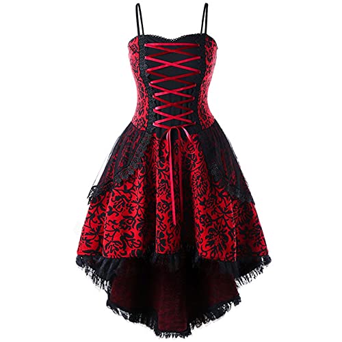 Gothic Dresses for Women – Women Spaghetti Strap Dress Drawstring High Low Hem Vintage Lace Midi Dress Red