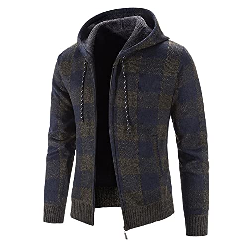 F_Gotal Mens Cardigan, Men’s Cardigan Sweaters Men’s Casual Slim Plaid Full Zip Thick Hooded Knitted Cardigan Sweaters Winter Outwear