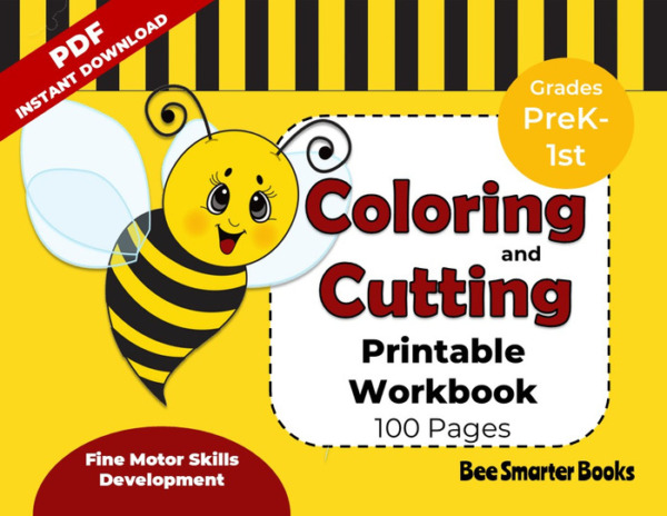 Coloring and Cutting Printable Workbook | Fine Motor Skills Development | 100 Pages: Grade PreK-1st | PDF Digital Download