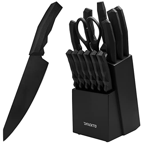 15 Piece Kitchen Knife Block Set, Full Tang, High Carbon Stainless Steel, Geometric Modern Handles, Black Matte Blades by DFACKTO
