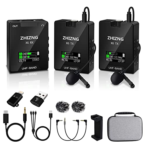 ZHIZNG UHF Wireless Lavalier Microphone & System Dual Lavalier Lapel Microphones Compatible with iPhone, Smartphone,DSLR Cameras for Video Recording YouTube,Facebook Live,Conference,TIKTok,Teaching