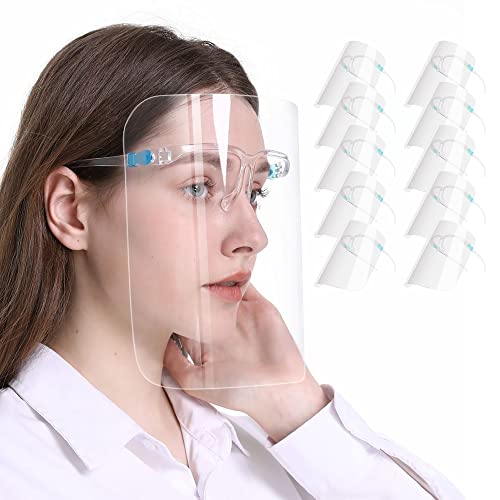 10 PCS Safety Face Shields with Glasses Frames – Anti-fog Ultra Clear Protective Full Face Shields to Protect Eyes, Nose, Mouth for Women and Men, Windproof Dustproof, Droplet Splash Guard Clear TOPMAX