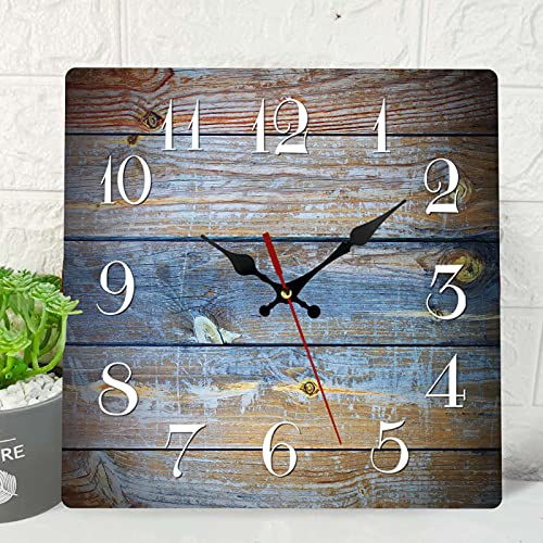 Wooden Wall Clock Silent Non-Ticking , Brown Blue Wood Grain Crack Retro Contemporary Wooden Square Rustic Coastal Wall Clocks Décor for Home Kitchen Living Room Office, Battery Operated(12 Inch)