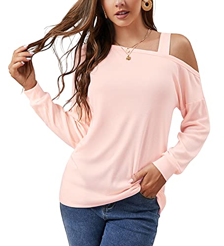 JINKESI Women’s Long Sleeve Tunic Tops Casual Cold Shoulder Blouse Shirts Light Pink-Large