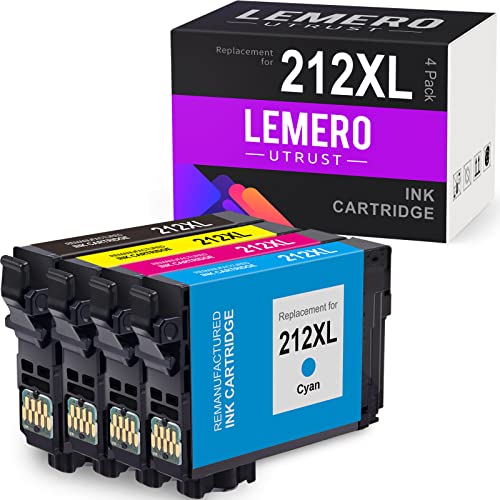 LEMERO UTRUST 212 212XL Remanufactured Ink Cartridge Replacement for Epson 212XL 212 XL T212XL use with Epson Expression Home XP-4100 XP-4105 Workforce WF-2850 WF-2830 (Black Cyan Magenta Yellow)
