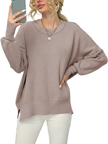 ANRABESS Women’s Long Sleeve Oversized Crew Neck Solid Color Side Slit Knit Pullover Sweater A305hongxing-XS