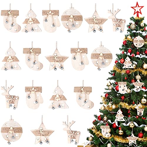 18 Pieces Christmas Farmhouse Ornaments Wood Hanging Neutral Elk Glove Ornaments for Christmas Tree Rustic Star Ornaments with Burlap Ropes Bells for Crafts Present Decoration