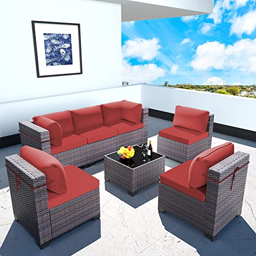 Gotland 7 Piece Outdoor Patio Furniture Sets All-Weather Outdoor Sectional Furniture PE Wicker Patio Sofa Backyard Deck Couch Conversation Chair Set with Coffee Table & 6 Thickened Cushions (Red)