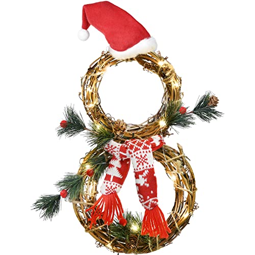 DearHouse 16 x 8 Inch Lighted Christmas Wreath Decoration, Grapevine Wreath with Hat and Scarf Snowman Shape Wreath for Front Door Home Garden Wall Decor