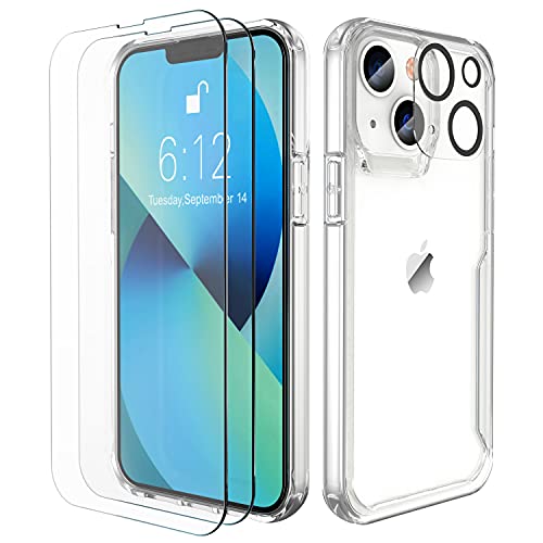 ORETech Designed for iPhone 13 Case,with 2 x Tempered Glass Screen Protector&Camera Lens Protector for iPhone 13 Cover Hard PC+Soft TPU Shockproof Transparent Non-Slip Case for iPhone 13 6.1″ Clear