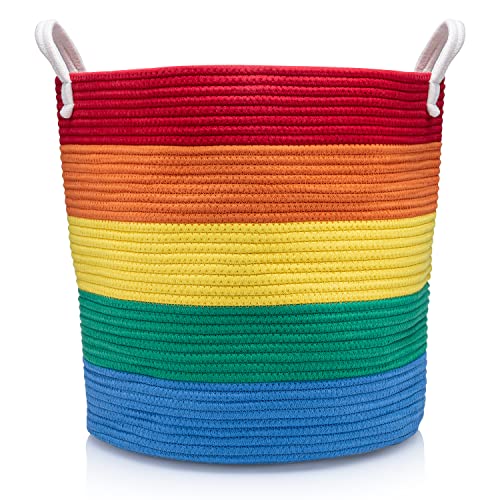 Large Rainbow Baby Laundry Basket Blanket Holder Rainbow Classroom Decor Toy Organizers And Storage Basket For Blankets Woven Basket With Handles Cotton Rope Basket 16″x16″x16″