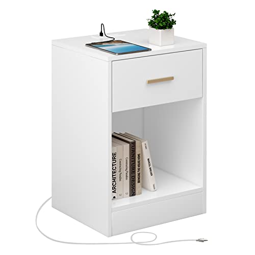 LAPTAIN Nightstand with Charging Station, End Side Table with Storage Drawer and Open Cabinet, Bedside Table for Bedroom, White