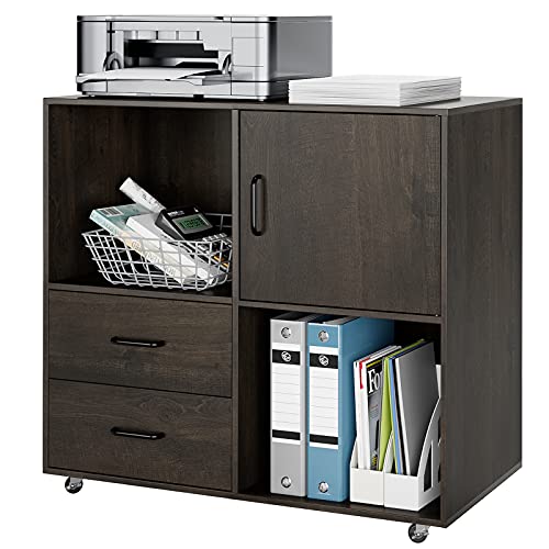 URKNO 2 Drawer Mobile File Cabinet, Wood Lateral Filing Cabinet with Door, Rolling Printer Stand with Open Storage Shelves, Office Cart for Home Office, Dark Brown