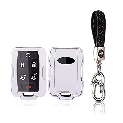 CEBAT FOB Key Case Cover Protector Soft TPU 3 4 5 6 Buttons Keyless Entry Remote Control Keychain Shell with Key Chain for Chevrolet Chevy Silverado 1500 2500HD 3500HD Suburban Tahoe Colorado-Silver