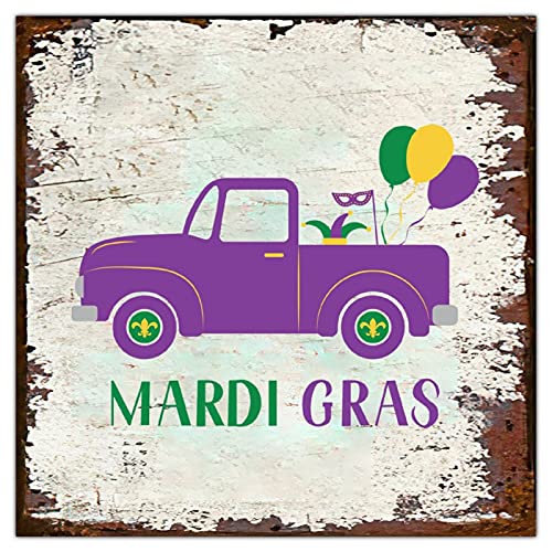 Mardi Gras Truck Funny Tin Sign Happy Halloween Metal Sign Hello Fall Autumn Vintage Chic Hanging Sign Wall Art Decor Farmhouse Home Garden Porch Living Room Bedroom Thanksgiving Christmas Gift