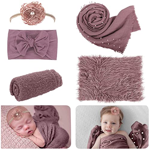 AOKE 5 PCS Newborn Photography Wrap Props Kit, Newborn Photo Props Long Ripple Wraps DIY Blanket with Flower Headbands, Purple Toddler Baby Photography Props Mat Set for Baby Boys and Girls